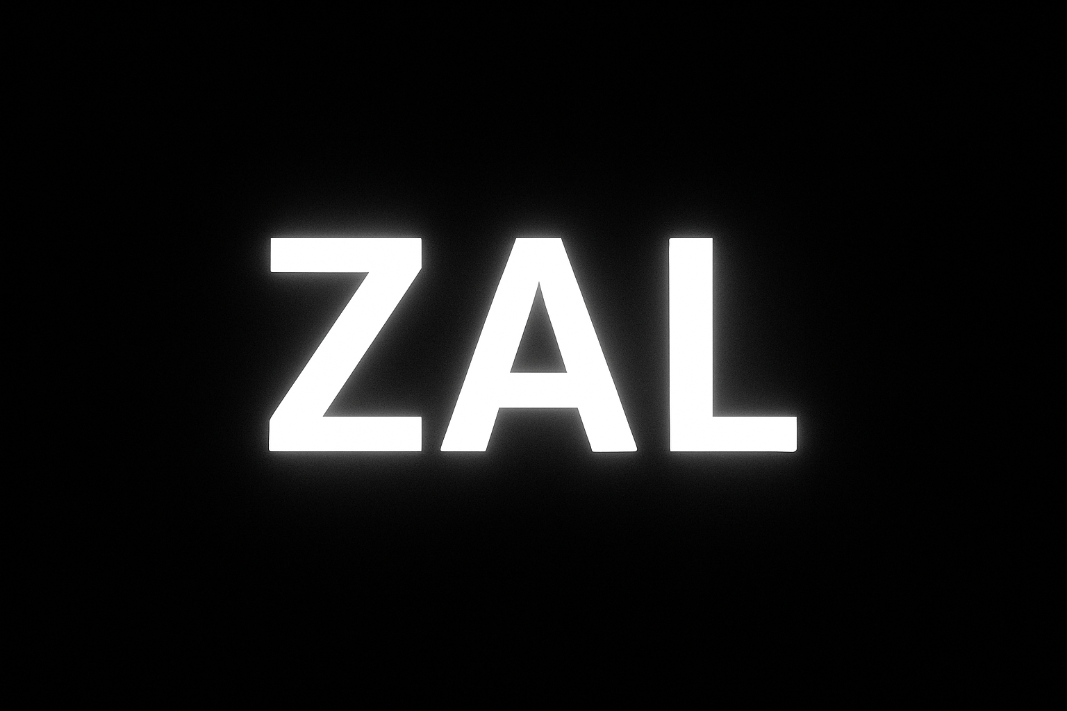 ZAL in white with a slight glow and a black background
